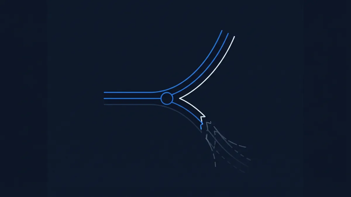 A minimalist diagram on a dark navy background shows two curved blue and white lines branching upward from a central node, while a third path breaks into fading dashed lines below, suggesting a fork or decision point.