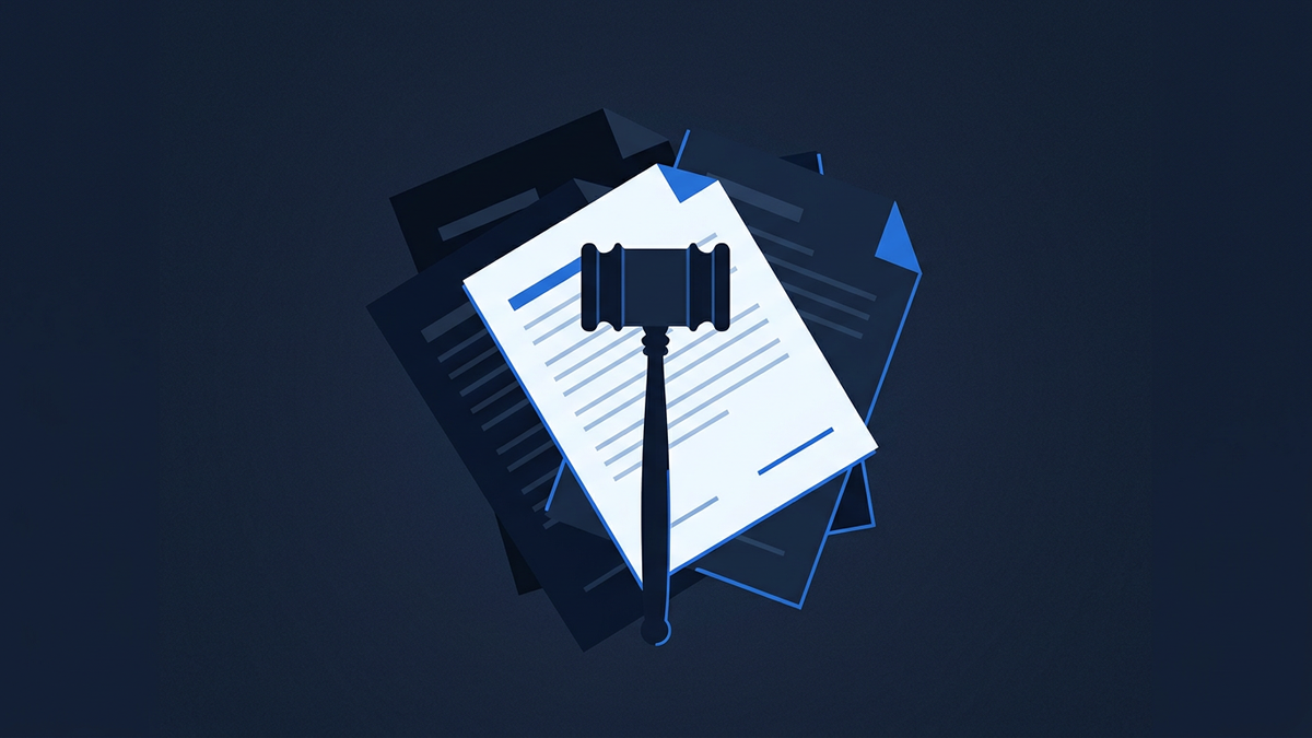 A single arbiter's gavel resting on an abstracted ledger of overlapping contract shapes, one contract highlighted as the point of resolution