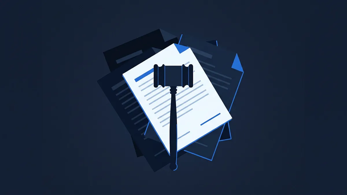 A dark navy blue graphic featuring a judge's gavel silhouette overlaid on a stack of document pages with horizontal lines suggesting text, surrounded by geometric blue accent shapes.