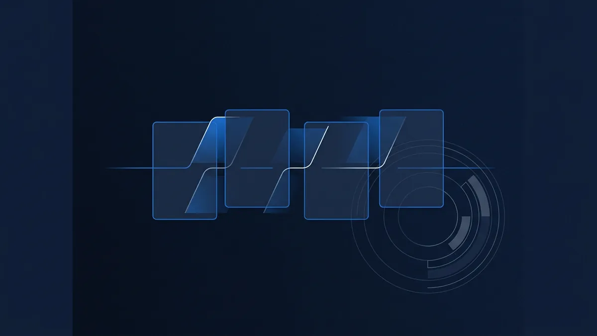 Three translucent blue rectangular panels arranged in a horizontal row, overlapping slightly, with diagonal white accent lines and concentric circular tech motifs on a deep navy background.