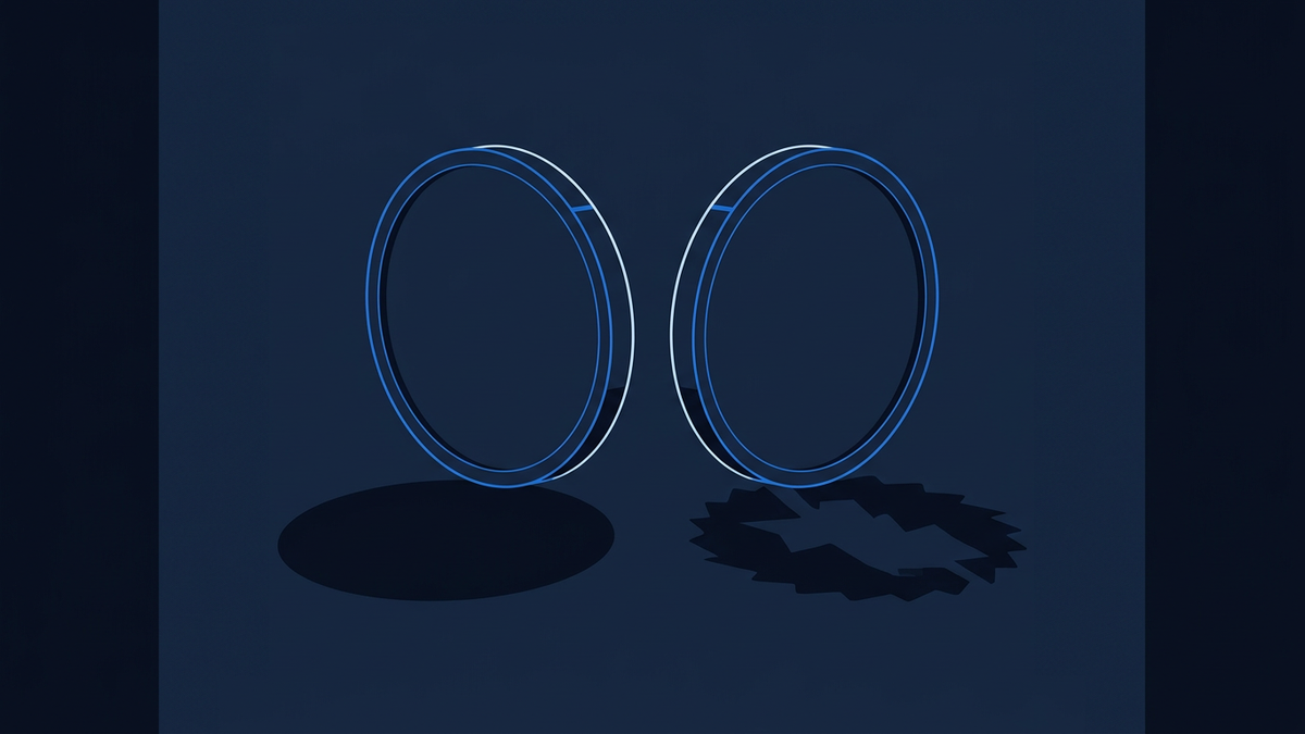 Two identical-looking coins standing on edge, one casting a long distorted shadow that reveals a very different underlying shape