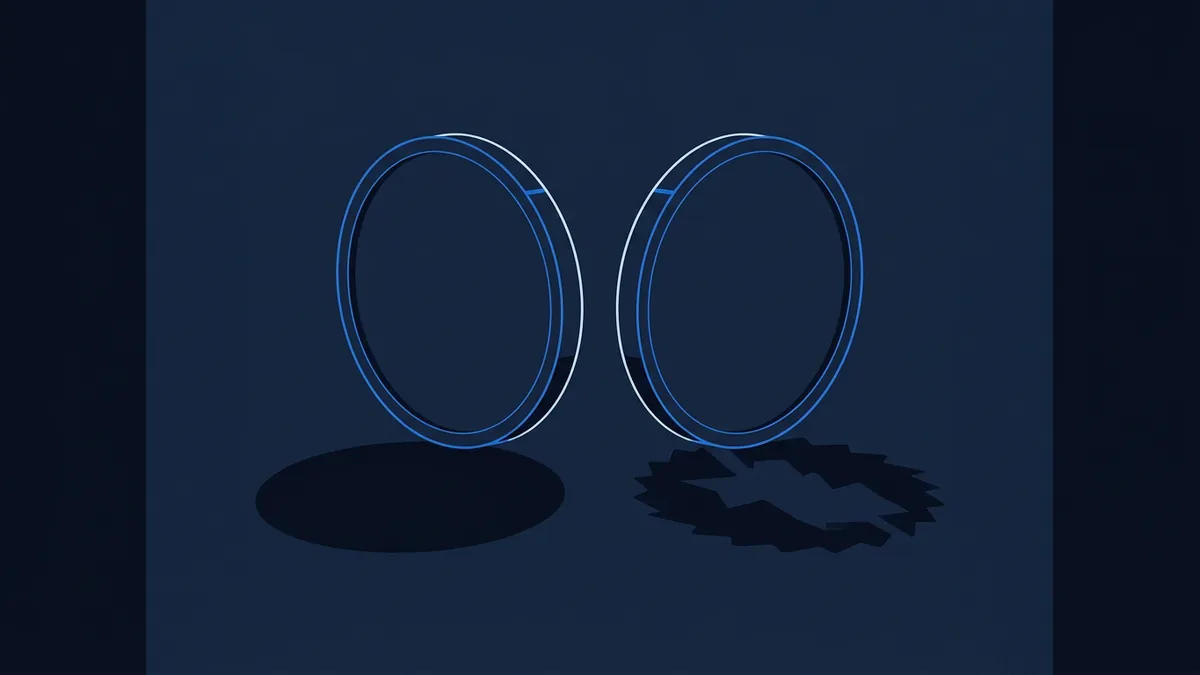 Two glowing blue circular rings stand upright side by side on a dark navy surface, each with a white highlight accent and casting dark oval shadows beneath them.