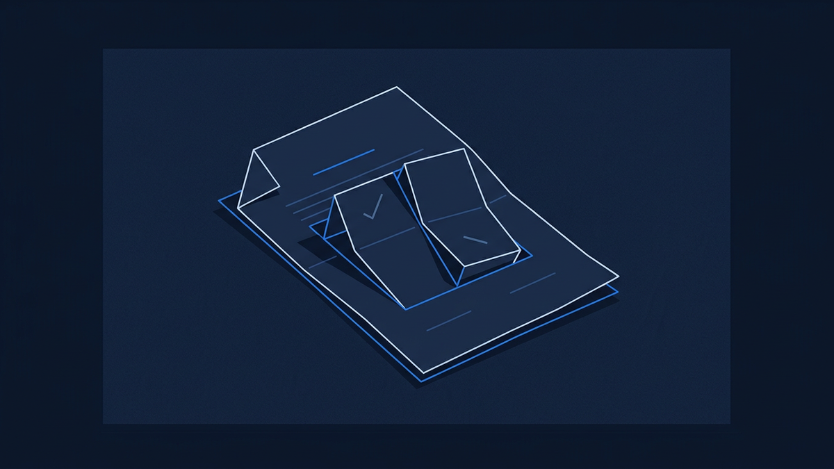 A formal contract document folded into the shape of a yes-no binary switch, sitting in the centre of a regulatory frame