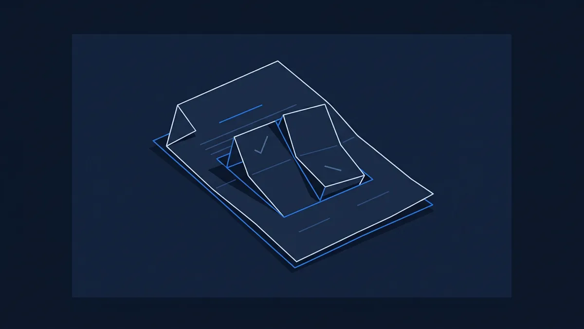 Isometric line-art graphic of two folded geometric card shapes resting on layered rectangular sheets, rendered in navy blue with white and bright blue outlines on a dark background.