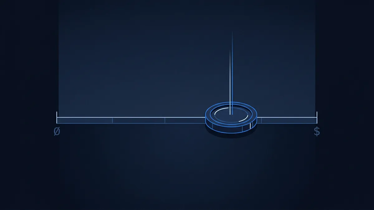 A glowing blue circular token or coin sits on a horizontal axis line between a zero symbol and a dollar sign, with a vertical beam of light rising from its centre, all on a dark navy background.