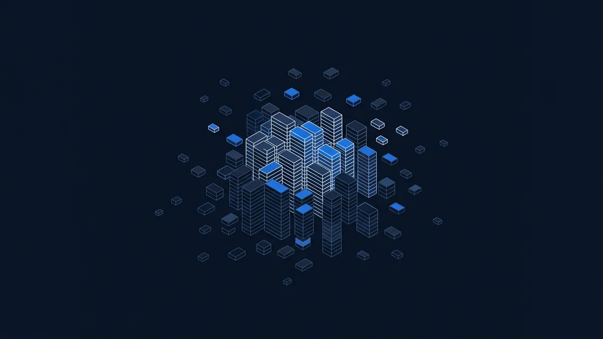 Isometric 3D city of dark navy and bright blue rectangular tower blocks arranged in a dense central cluster, with smaller floating cubes scattered outward on a deep navy background.