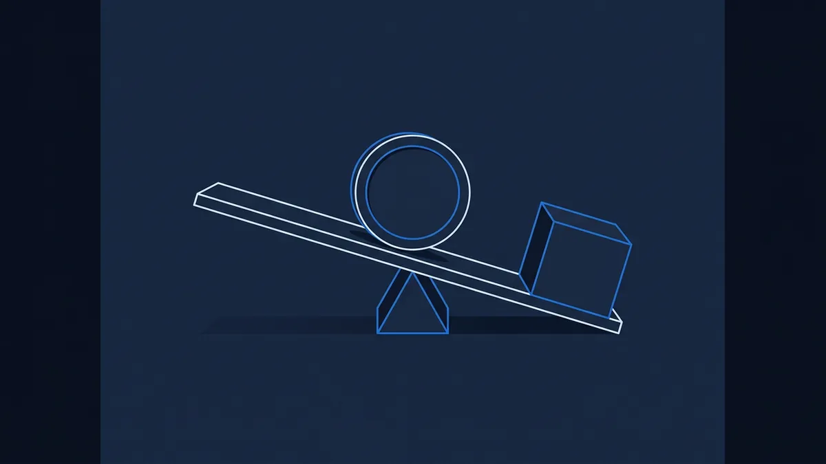 Three geometric wireframe shapes in blue and white on a dark navy background: a circle and a cube sit on a tilted seesaw beam balanced on a triangular fulcrum, with the cube side tipping down.