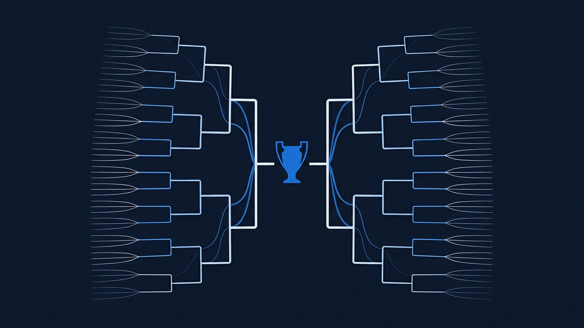 A stylised tournament bracket fanning out from a central trophy silhouette, the outer branches faintly traced and the inner favourites lines bolder, suggesting probability weight.
