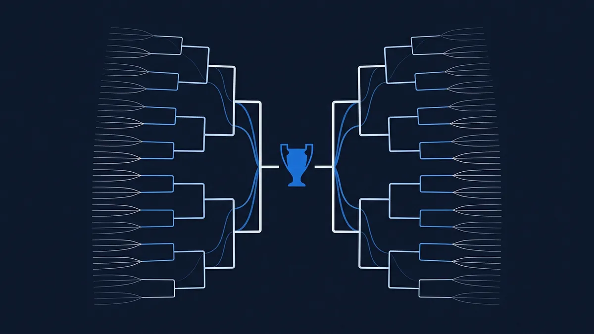 A symmetrical tournament bracket diagram on a dark navy background, with bracket lines fanning outward from a central blue trophy silhouette, rendered in white and blue line art.