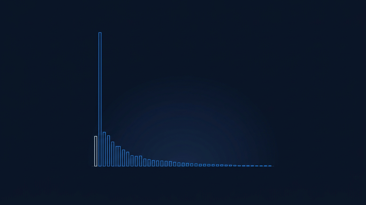 Abstract navy and electric-blue graphic: a single very tall bar towering over a long row of progressively tiny bars, evoking extreme concentration of gains.
