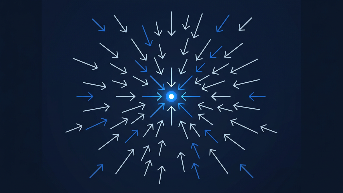 A cluster of small directional arrows converging toward a single calibrated point against deep navy negative space, suggesting many independent forecasts aggregating into one price.