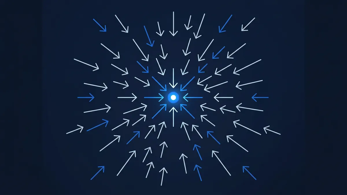Dozens of blue and white arrows pointing inward from all directions toward a glowing blue dot at the center, arranged in a radial convergence pattern on a deep navy background.