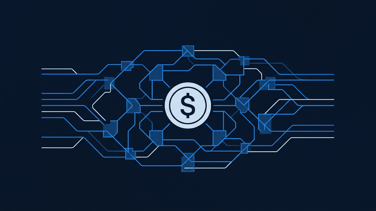 Abstract financial infrastructure rendered as glowing electric-blue payment rails and network nodes over a deep navy background, with a single dollar-denominated token disc at the centre.