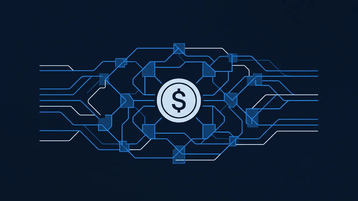 A dollar sign coin sits at the centre of a stylised circuit board network, with blue geometric lines and node squares radiating outward on a deep navy background.