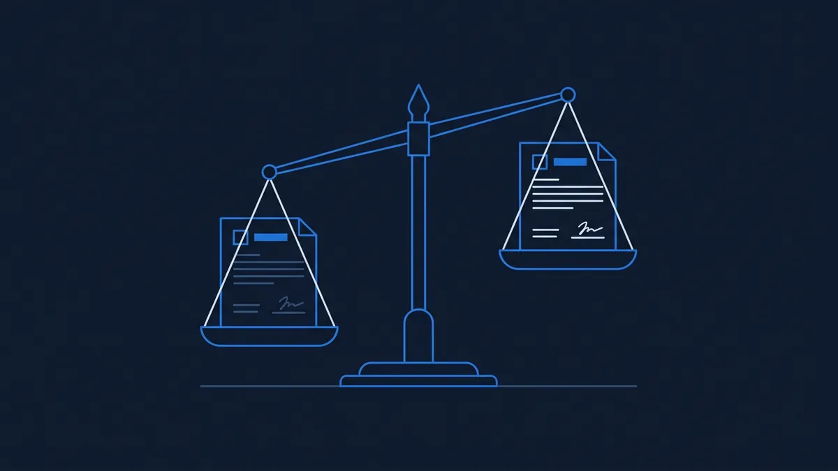 A blue line-art balance scale on a dark navy background holds a signed document in each pan, with the left pan sitting lower, suggesting unequal weight between two contracts.