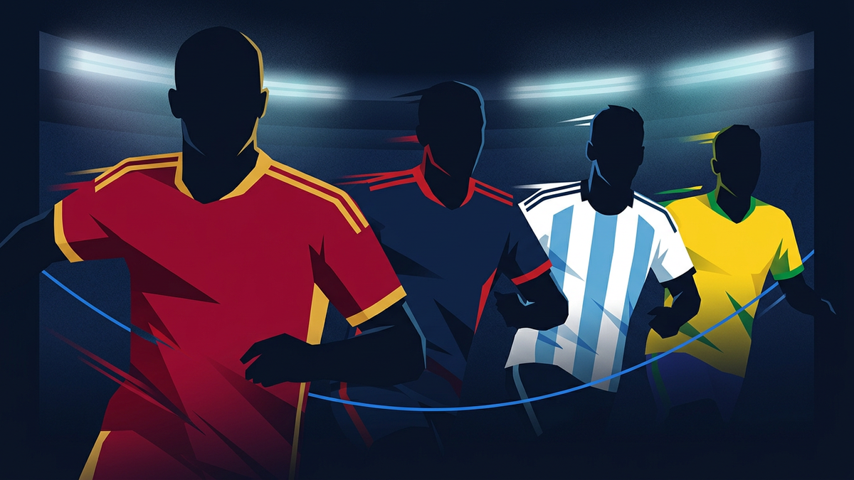 FIFA World Cup 2026 cross-platform prediction market analysis hero composition showing four kit-coloured football silhouettes representing Spain, France, Argentina, and Brazil